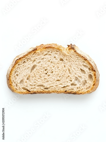 Sliced artisan bread with golden crust and airy crumb structure, isolated on white background for bakery, food packaging, and culinary design projects.