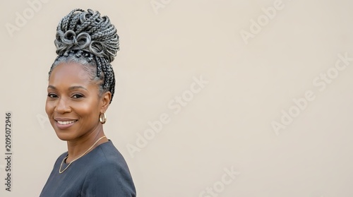 Middle-aged African American woman with gray braided hair styled in updo, wearing dark blue shirt, smiling at camera against neutral beige background for portrait and lifestyle use.