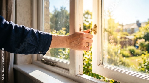 Hand opening window to let fresh air and sunlight inside home
