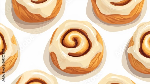 Seamless pattern of delicious cinnamon rolls with creamy frosting.