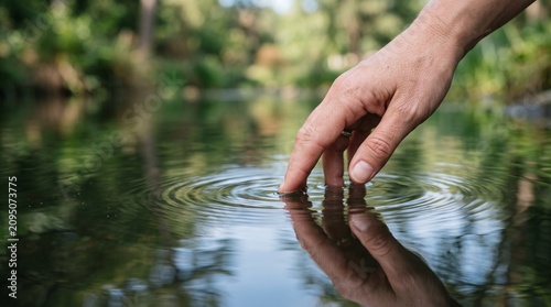 Hand touching calm lake water surface creating ripples in nature