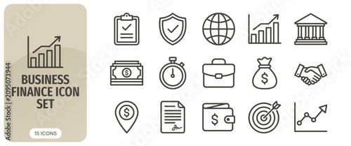 Business and finance line icon set minimalist outline icons for banking, investment, money, growth, contract, handshake, target, and global market