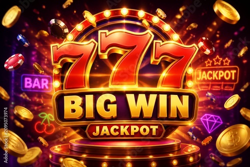A slot machine shows a big win with bright lights and symbols. Gold coins and chips fall around. People enjoy the excitement at a casino. The setting is lively and bright at night.