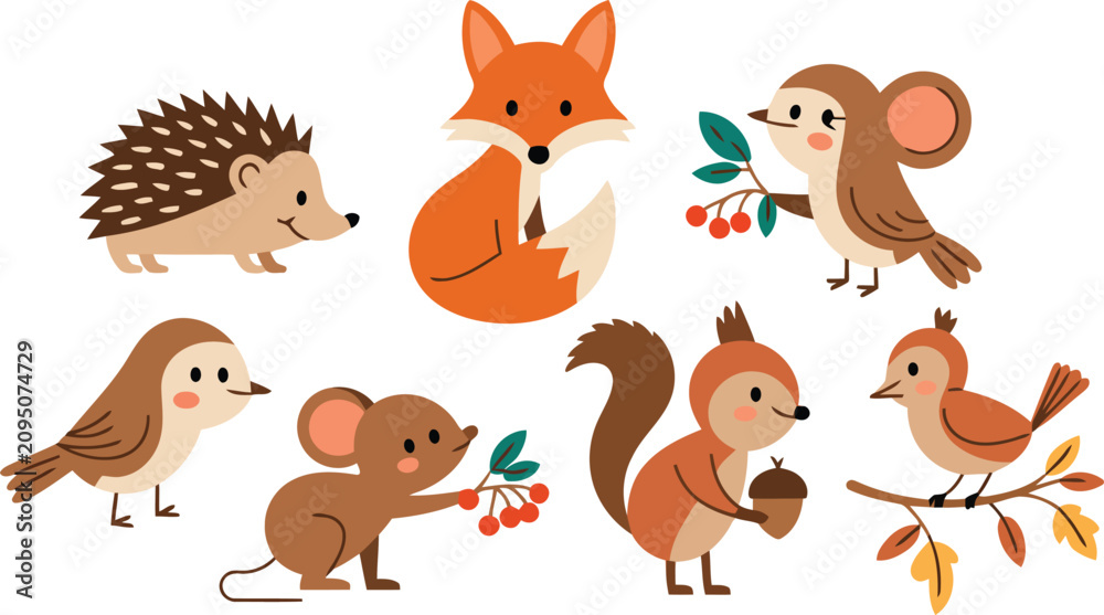 Fototapeta premium Cute forest animals collection in autumn vector illustration