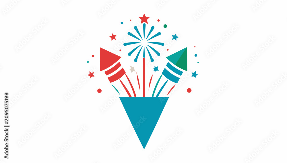 Fototapeta premium Colorful firework rockets popping out of blue festive cone.