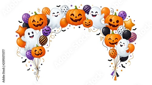 Festive Halloween balloon arch with carved pumpkin faces, ghost balloons, and purple accents arranged in curved formation on white background for seasonal party decorations.