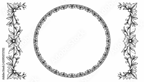 Floral circular wreath with decorative corner accents.