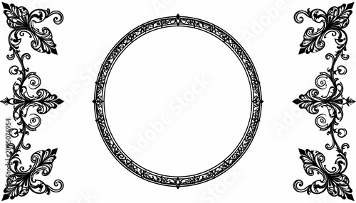 Ornate black circular frame with vintage filigree.