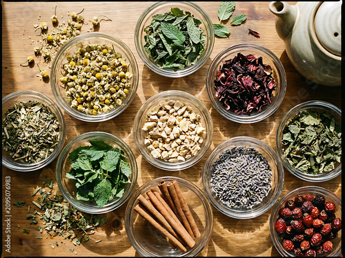 Spices and herbs in bowls on wooden table