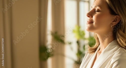 Woman with light brown hair and fair complexion wearing white shirt gazes peacefully toward sunlit window with plants, conveying calm, mindfulness and wellness in bright interior space.