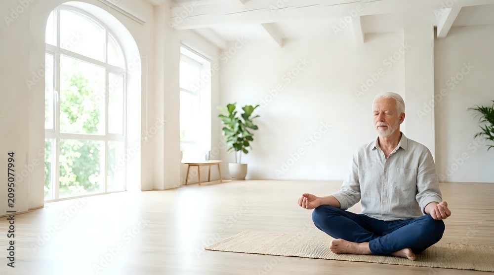 Fototapeta premium Man meditating in lotus pose on floor of bright empty minimalist room with large window