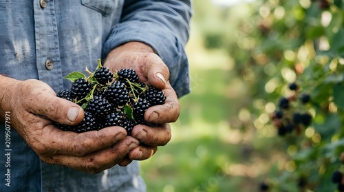 Farmer holding fresh ripe blackberries in hands at harvest time in orchard garden, agricultural produce and farming concept.