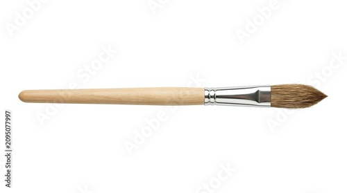 Artist paintbrush with natural bristles and wooden handle isolated on white background, suitable for painting, art supplies, and design projects.