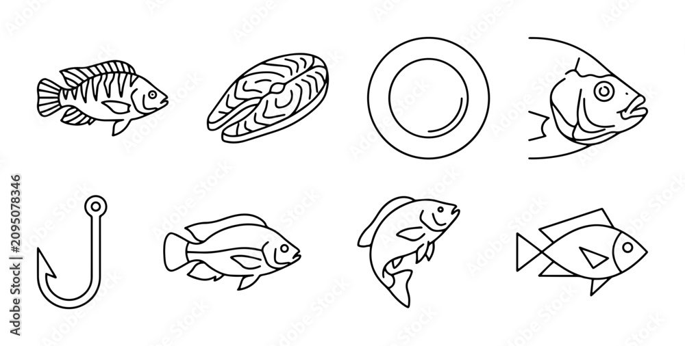 Obraz premium Fish Seafood Icons PNG line art, food preparation, fishing gear, transparent background