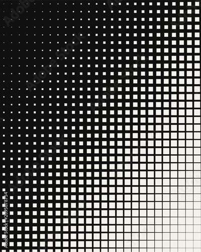 Abstract pixel halftone gradient pattern in black and white colors, Square size transition from small to large, modern geometric vector background for banner and wall art