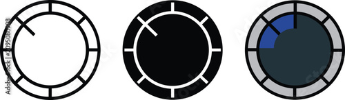Circular gauge dial indicator icons featuring segmented progress rings and control knobs for digital dashboard user interface elements and speed