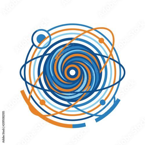 Circular orbital swirl design with blue and orange lines.