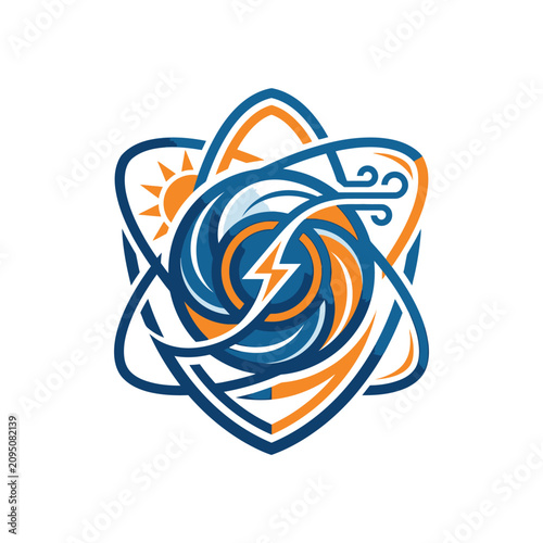 Circular renewable energy logo with sun wind and lightning.