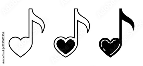 Tableau sur toile 3 Heart Music Note Icons, Outline and Solid Styles, for Love Song Themes