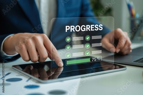 Businessman interacting with transparent progress bar on tablet screen in office setting