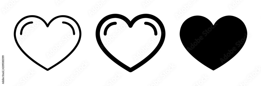 Obraz premium 3 heart icons, outline and solid, for UI and web interface design