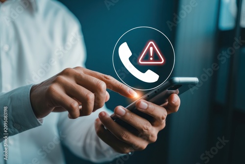 Man holding phone with warning sign and phone icon in a circle above screen