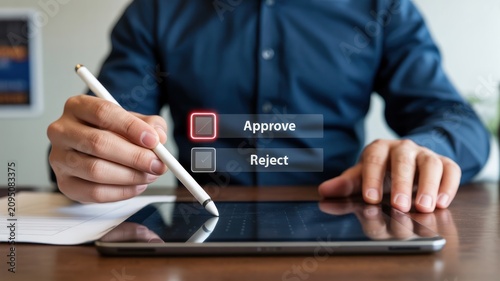 Businessman Approving or Rejecting Digital Document on Tablet with Stylus