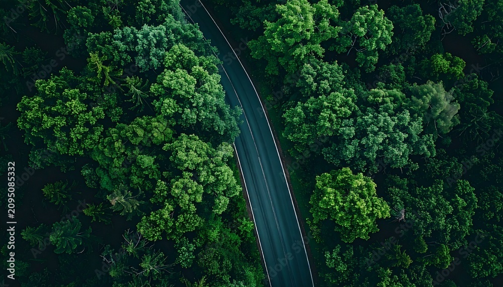 Fototapeta premium Aerial view of a winding road through a lush, green forest canopy