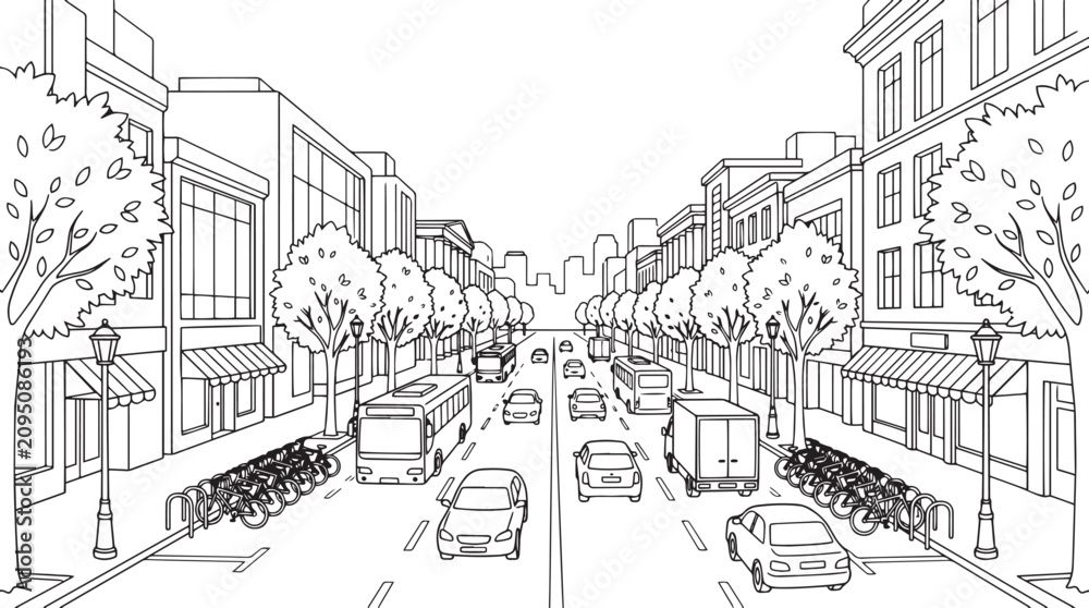 Obraz premium City landscape. Line urban backdrop, different buildings on street, doodle street draw, outline cityscape hand sketch, flat houses. Hand drawn vector illustration