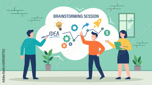 Flat vector illustration of coworkers generating innovative ideas with light bulb concepts, emphasizing creativity, teamwork, collaboration, communication, and problem solving.