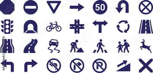 Collection of blue road signs and symbols traffic regulations and safety indicators