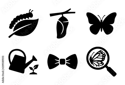 Billede på lærred Life cycle icon set caterpillar, chrysalis, butterfly, watering can, bow tie, ma