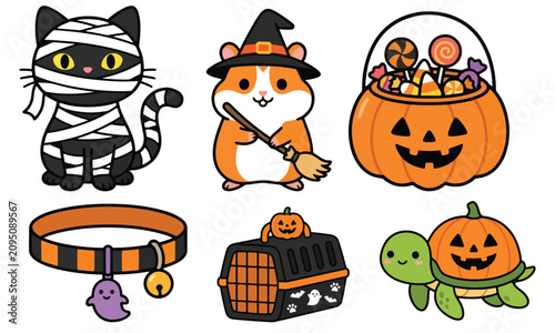Cute halloween animals and elements, cartoon vector illustration for kids and spooky decor.