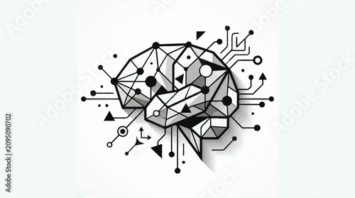 Geometric brain with digital network connections and abstract shapes