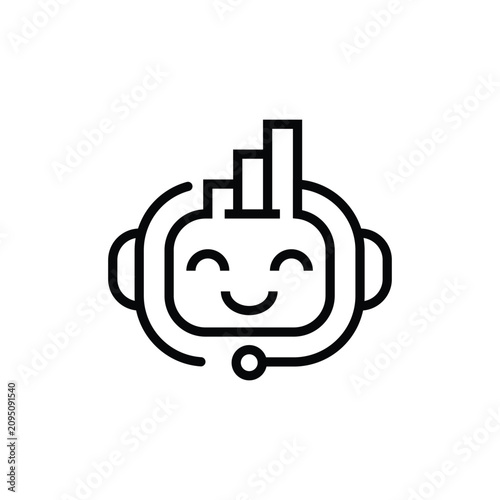 Smiling robot face with headset and bar chart on head.