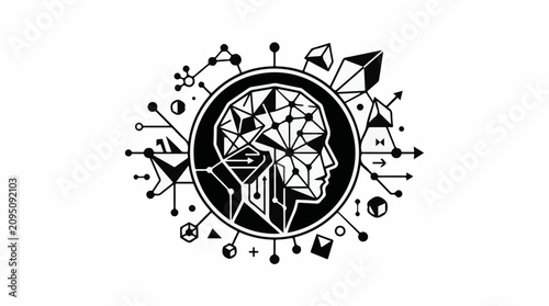 Stylized human head in profile with geometric network patterns