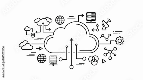 Abstract graphic of cloud computing network with servers and data flow
