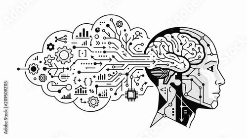 Abstract human head with circuits and data symbols forming a cloud