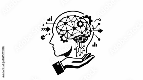 Human head with connected brain gears and circuit board elements