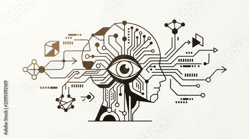 Abstract digital brain with an eye circuitry and connecting nodes