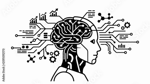 Abstract robotic head with digital brain and data streams