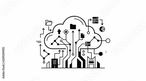 Abstract illustration of a cloud network with data flow symbols