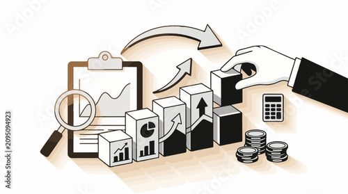 Hand building upward bar graph with calculator and coins