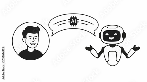 Person communicating with friendly robot about artificial intelligence