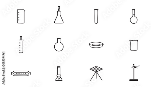Bild auf Leinwand Scientific lab equipment icons with erlenmeyer flasks and round bottom glass on checkered background