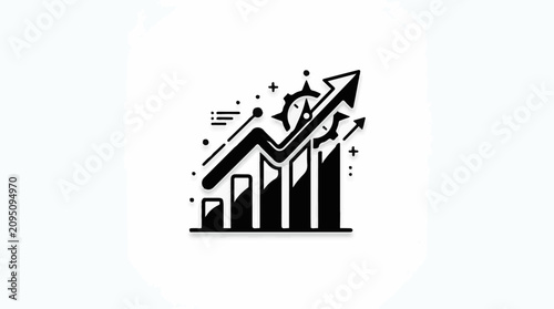 Stylized bar chart with upward arrow and gears