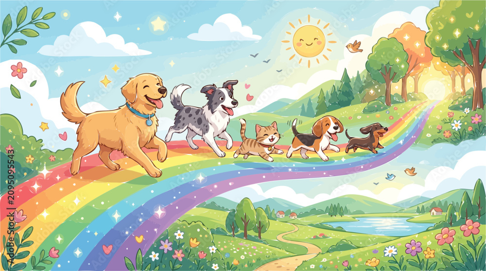Naklejka premium Happy Group of Dogs and a Cute Cat Walking Together Along a Magical Rainbow Bridge in a Sunny Garden Meadow Landscape
