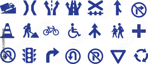 Blue safety and directional signage collection with silhouettes