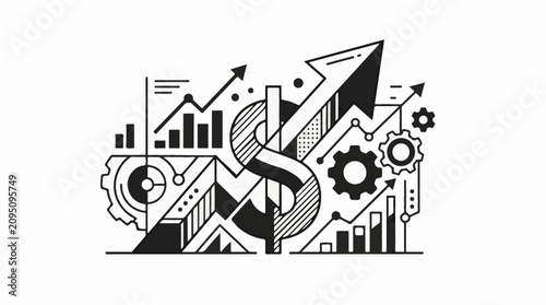 Abstract illustration of dollar sign with graphs and gears symbolizing growth