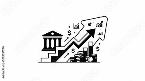Graph shows rising trend with coins symbolizing financial growth